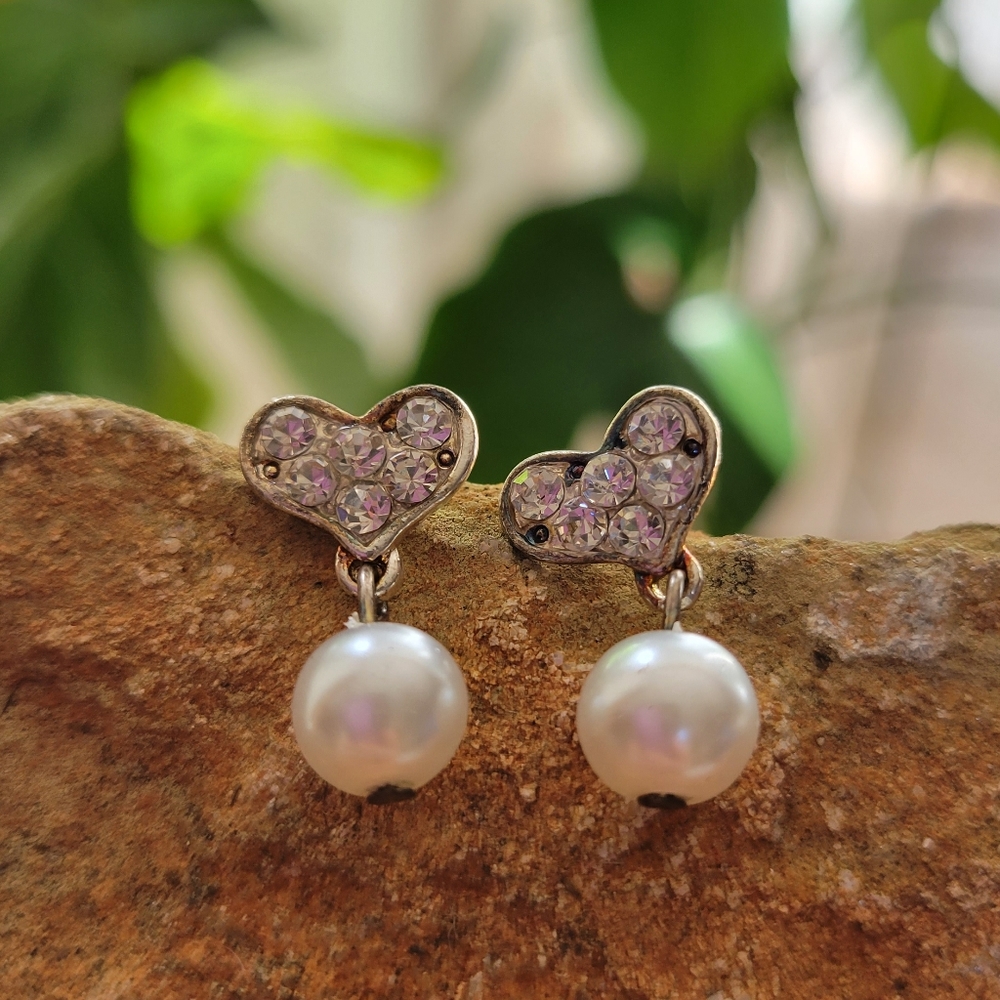 Sparkly Heart Dangling Faux Pearl Earrings Fashion Jewelry